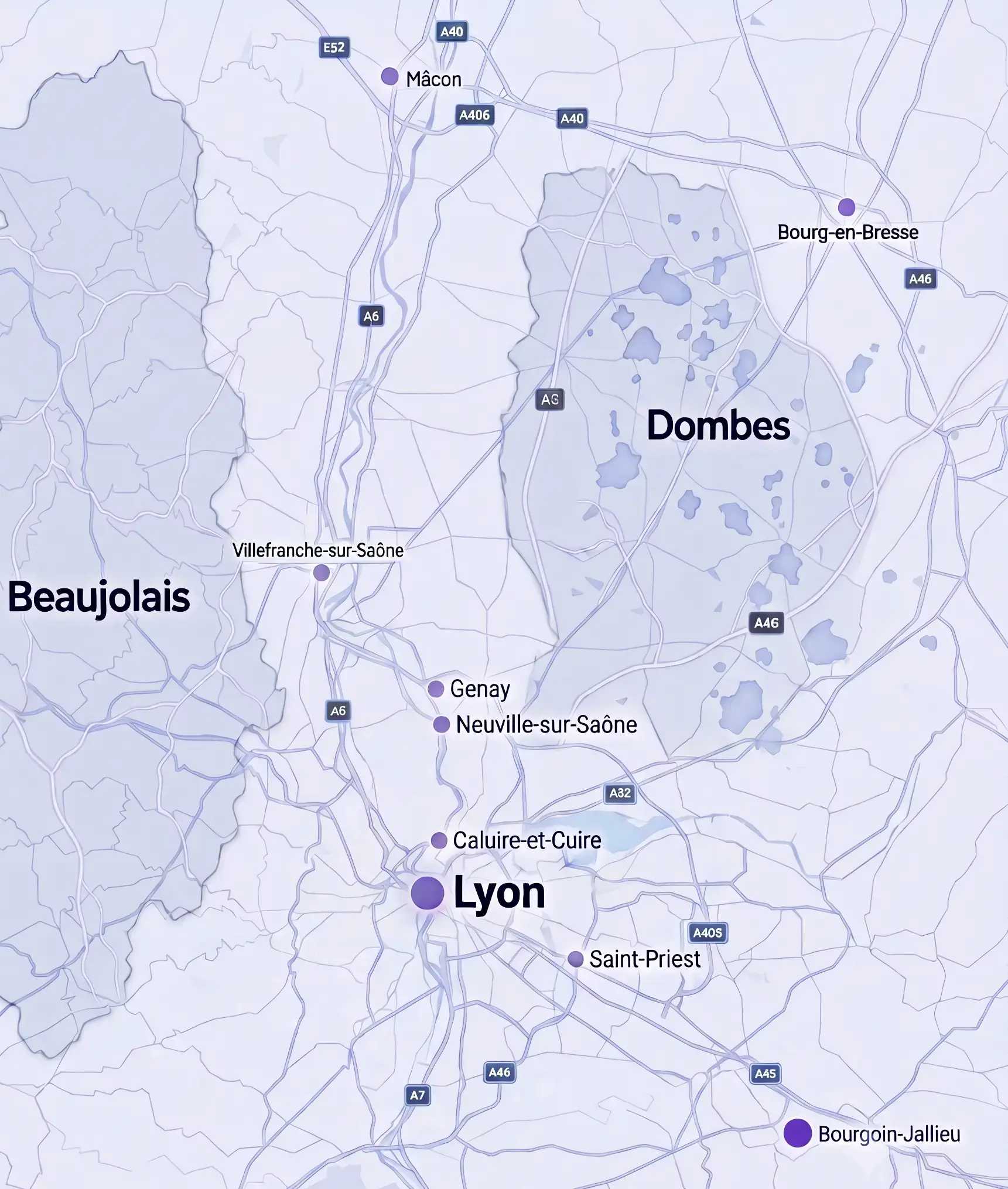 Carte de la zone d'intervention de Tech & Smile autour de Genay : Lyon, Caluire-et-Cuire, Neuville-sur-Saône, Villefranche-sur-Saône, Beaujolais, Dombes, Mâcon, Bourg-en-Bresse et Bourgoin-Jallieu.